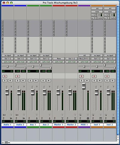 Pro Tools LE Mischumgebung mit allen verfügbaren Spurtypen