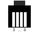 4P4C-Stecker (umgangssprachlich: „RJ-10“, „RJ-9“, "RJ-22“). Ansicht von Vorne. Rastnase oben liegend. Pinnummern relativ zu 8P8C.